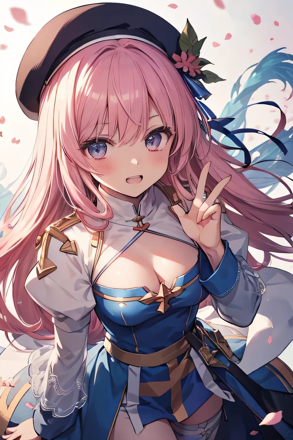 happy girl ( showing teeth), standing, combat pose,  pink hair color,  mmorpg background ,  mmorpg background (A stranger), complete anatomy,   graphic effects ,  ornament of a flower-shaped accessory on the head, aura, white beret, height 159 cm  ( 5 feet 3 inches ),  summoning circle, Castea ability Heal ( ragnarok online ), Blue Fire Force +vapor,  fire around, strong breeze ,  sakura petals and leaves, primera persona, blush,  looking at the spectator , Charm, Pausa de toque ciego  looking at the spectator ,  anime style very detailed face, 8K, light and shadow effect.  masterpiece.