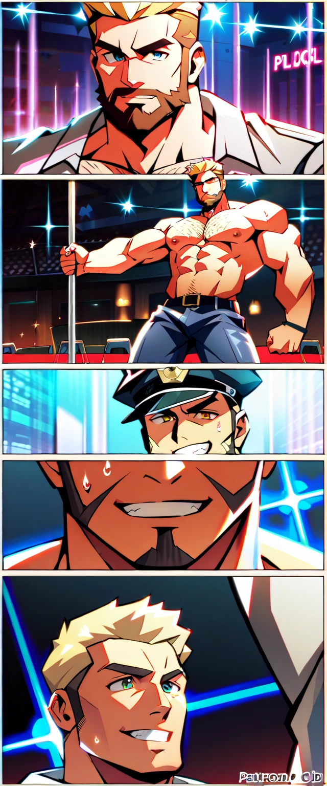 a bearded muscle cop stripper dancer almost naked showing his crotch, nsfw, perfect anatomy, balanced anatomy, stripper cop costume, police hat, stripper dancer pose, big crotch, erected penis, big penis, sweaty, blonde, handsome, bearded, hairy, gay men's club background, high resolution, high quality, masterpiece, comic style 