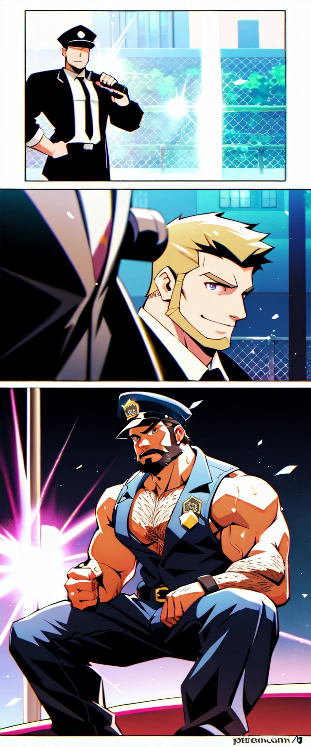 a bearded muscle cop stripper dancer almost naked showing his crotch, nsfw, perfect anatomy, balanced anatomy, stripper cop costume, police hat, stripper dancer pose, big crotch, erected penis, big penis, sweaty, blonde, handsome, bearded, hairy, gay men's club background, high resolution, high quality, masterpiece, comic style 