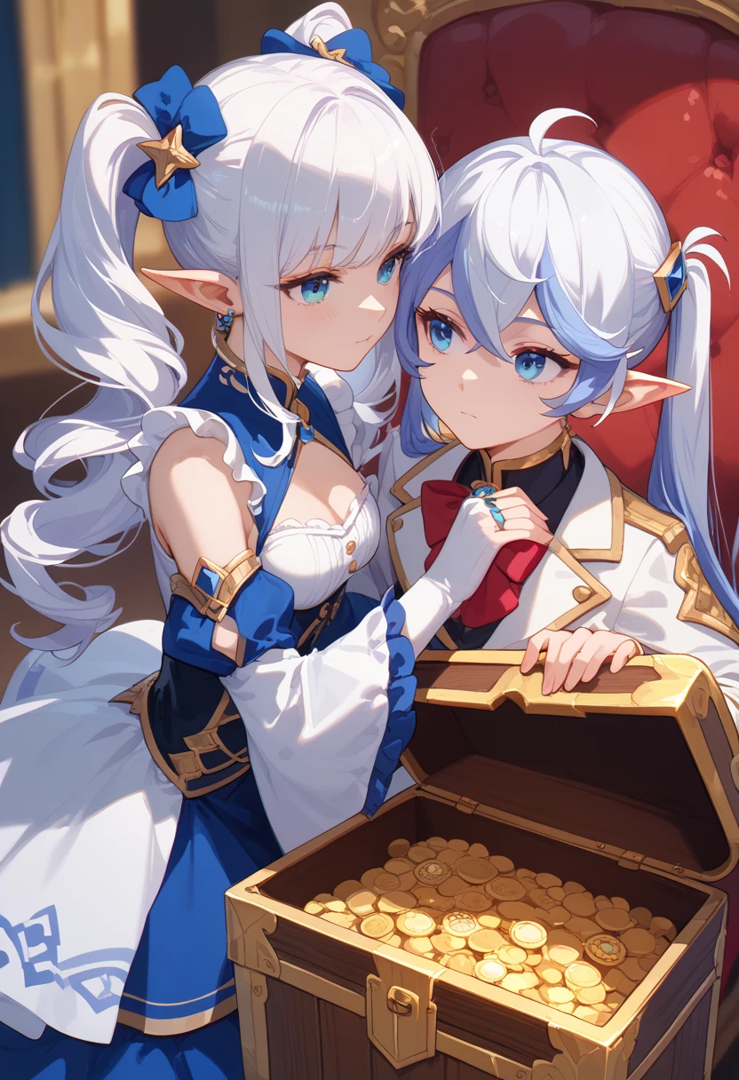 An anime art:  (1) the primary subject in the foreground is a closed and locked treasure chest and (2) the secondary subject, in the background, is 1girl: Frieren {from Frieren}, short, diminutive elf with white hair in twin-tails and staring emotionlessly; staring a locked treasure chest thoughtfully.  Frieren is wondering what she should do.