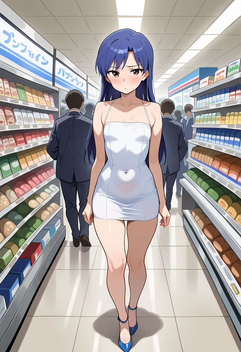 (1girl, solo:1.5)Browsing Caution, furuderika, Long Hair, Purple eyes, Blue Hair, Blunt bangs, nsfw , large breasts, nipple, Walking, ShoppingMall, frozen, wet, crying,  Naked, Blind ,Temptation, Blank look, empty eyes, , Peeing, lactation, projectile lactation