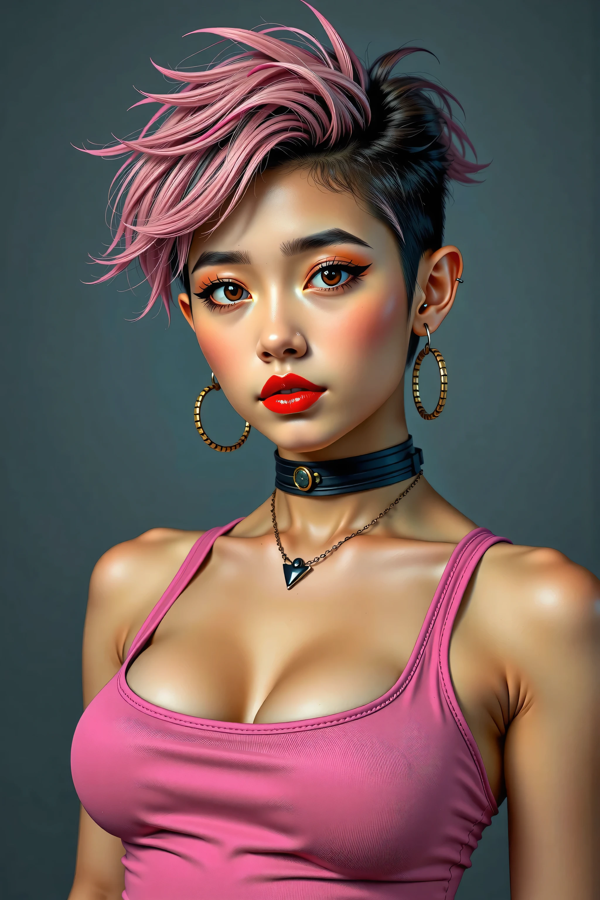 generates a real front image of a  Korean girl with short, spiky hair, some pink locks and metal style, big breasts, cleavage, tight pink tanktop