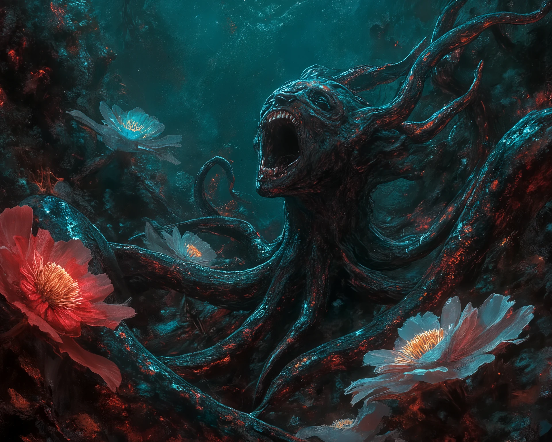 a nightmarish landscape of deep-sea flora and fauna. A humanoid creature with elongated limbs, made entirely of tentacles, is entwined with the stems of giant, bioluminescent flowers. The creature's face is a grotesque fusion of a screaming human and a gaping octopus mouth. The scene is set against a backdrop of swirling, dark plisms that resemble the inky abyss of the ocean. The overall aesthetic is a chilling blend of beauty and horror, with a focus on the disturbing harmony between the creature and the plants, oil painting, a detailed painting, ink artistic conception, real paint texture, hyper-realistic, depth of field, dramatic lighting, Realistic, highly detailed, masterpiece, 8k, Cinematic Composition, dark moody vibe, Dramatic Shadows, Intricate and elaborate pattern, 30 megapixel, chiaroscuro lighting, moody color palette, deep contrast, realistic anime style, A fusion of the styles of Katsuya Terada, Range Murata, Akiman and JUNNY