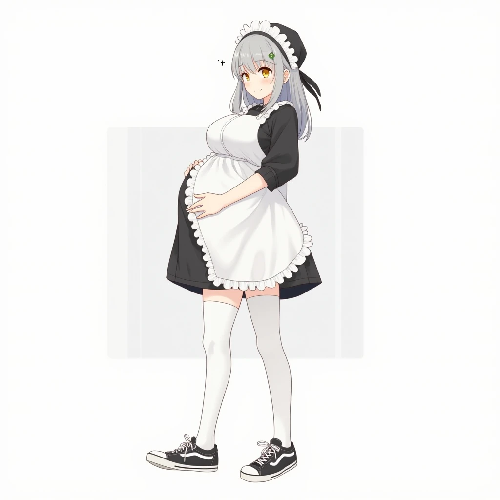 Masterpiece, Best quality, 1girll, ribbon, Halo, Blue eyes, 鎖骨, White ribbon, White gloves, Smile, Cross, Sweat, shirt, Collared shirt, Black hair, Short hair, Short sleeves, Pants,Large breasts, Blush, Hair ribbon, view the viewer, White shirt, mitts, (wavy mouth), Simple background,Pregnant belly, Maternity wear,Maternity wear,Pregnant belly,Pregnant belly
