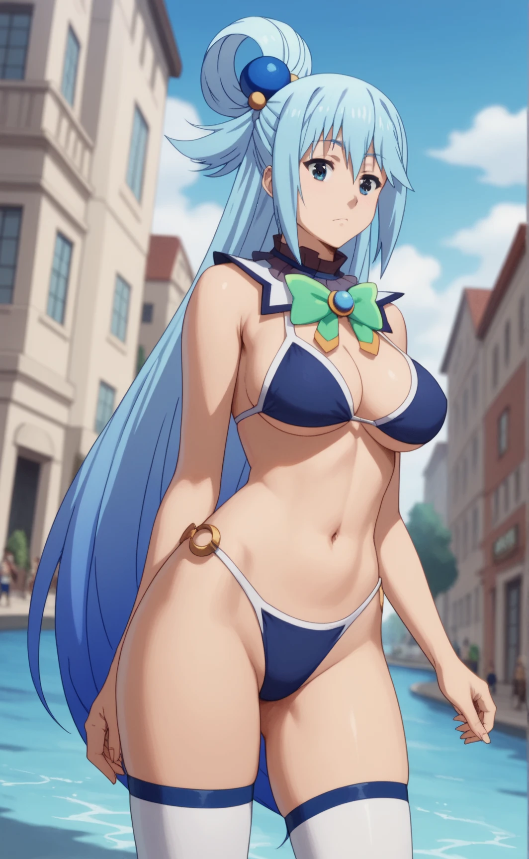  source_animated,
 KonosubaWater, Water \( Konosuba\),  long hair, Blue eyes,  hair ornament , very long hair,  blue hair,  hair rings,  single hair ring , hair bands,
bikini sexy, thighhighs,  bare shoulders ,  big breasts, shiny thighs, blue bikini, green bow,
outdoors, urban landscape, standing, 
 looking at the spectator ,  gunman shot ,  Dutch angle ,