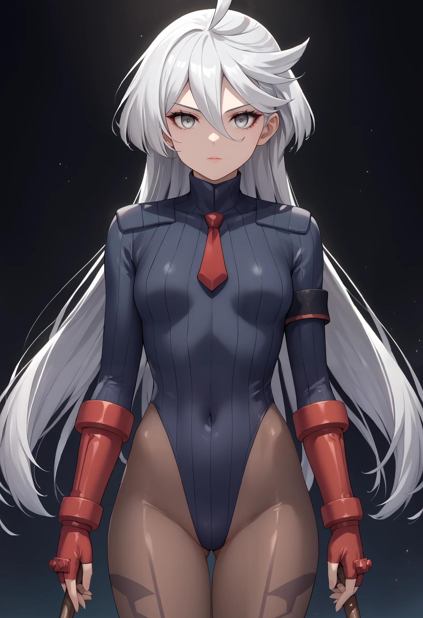 score_9, score_8_up, score_7_up, score_6_up, source_anime, 1 girl, miorine rembran, ahoge, grey eyes, detailed eyes,grey hair, hair between eyes, long hair, swept bangs, dark dollsuit, pantyhose,(seamed legwear), front view,cowboy shot, looking at viewer, holding a long stick with two hands, arms before breasts,fighting instance,expressionless,void eyes,simple background