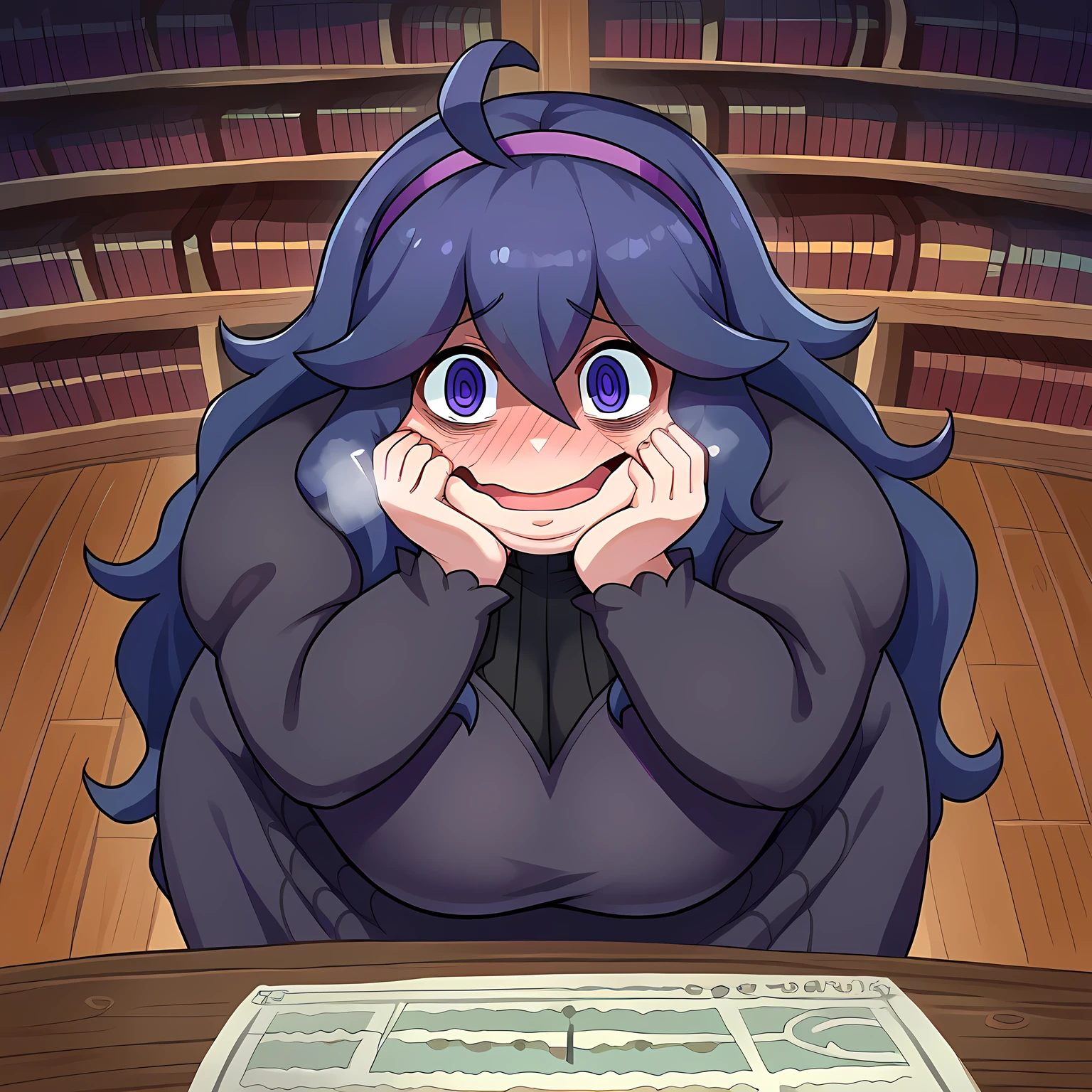 score_9, score_8_up, score_7_up, source_anime, hexmaniac, hex maniac, hairband, messy hair, purple eyes, purple hair, purple hairband, @ @, black dress, dress, long dress, long sleeves, juliet sleeves, indoors, library, bent over, looking at viewer, cowboy shot, dutch angle, swollen face, fat, chubby, obese, open mouth, out of breath, absurdres, highres icon, rating:General, confused, blush, {flustered}, nervous sweating, portrait, pov hands, hand on another's cheek, averting eyes, [looking away], straight-on, from above,  upper body, masterpiece, best quality, ultra-detailed, high resolution, 8K, 