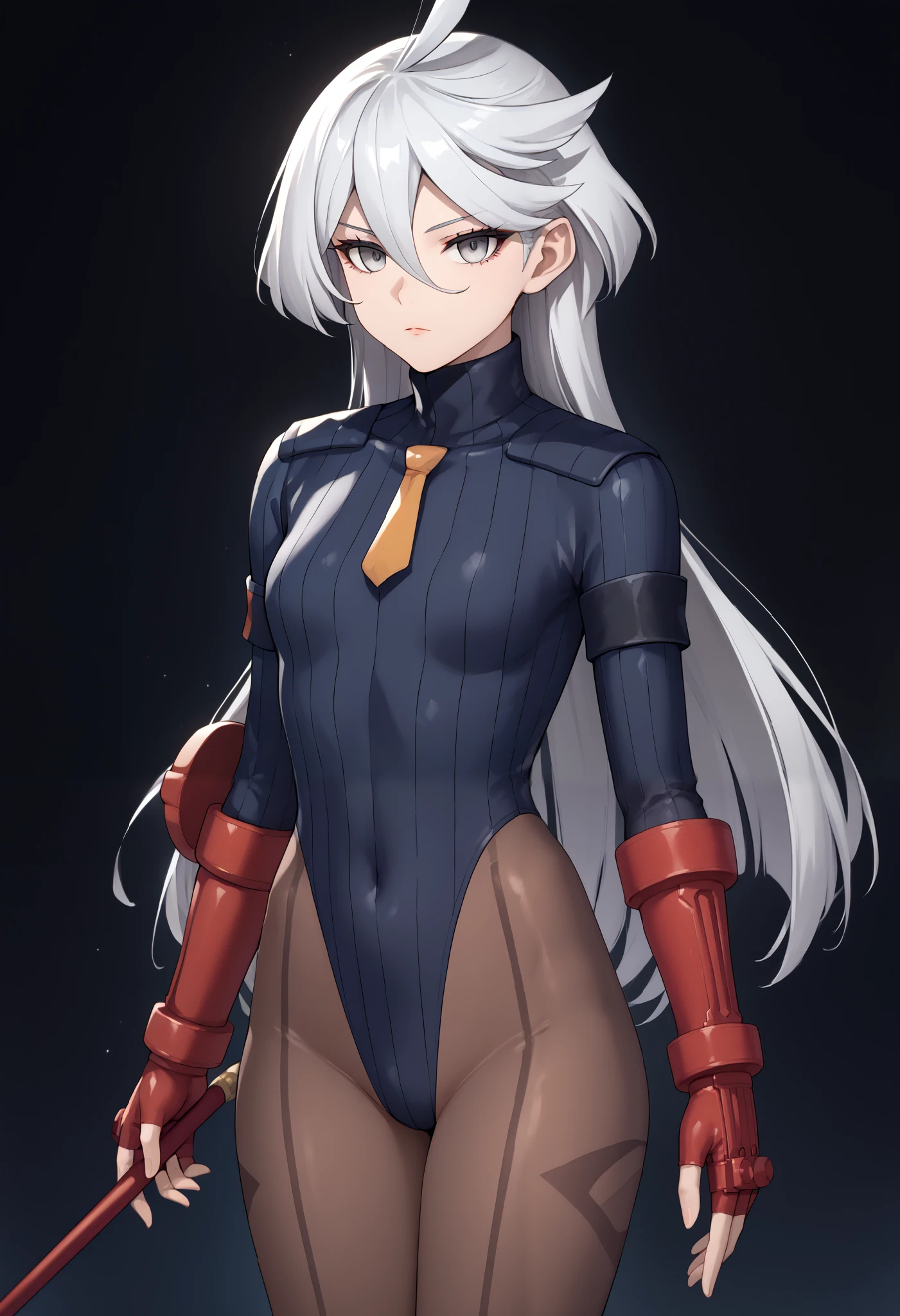 score_9, score_8_up, score_7_up, score_6_up, source_anime, 1 girl, miorine rembran, ahoge, grey eyes, detailed eyes,grey hair, hair between eyes, long hair, swept bangs, dark dollsuit, pantyhose,(seamed legwear), front view,cowboy shot, looking at viewer, holding a long stick with two hands, arms before breasts,fighting instance,expressionless,void eyes,simple background