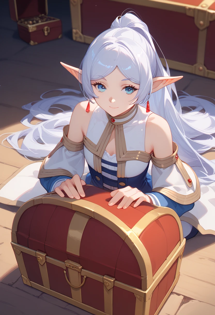 An anime art: (1) the primary subject in the foreground is a closed, locked treasure chest and (2) the secondary subject, in the background, is Frieren who is a short, diminutive elf with white hair and staring emotionlessly and wondering what she should do.