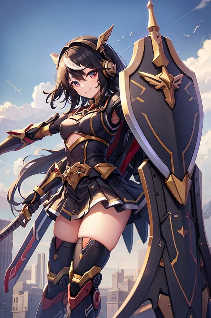  smiling 、mecha wing、Thighs、tights、chest、Shiny black hair、  1 girl、 solo girl、 headset 、 black miniskirt、mecha girl、 Holding a Sword 、sword、 has a shield、shield