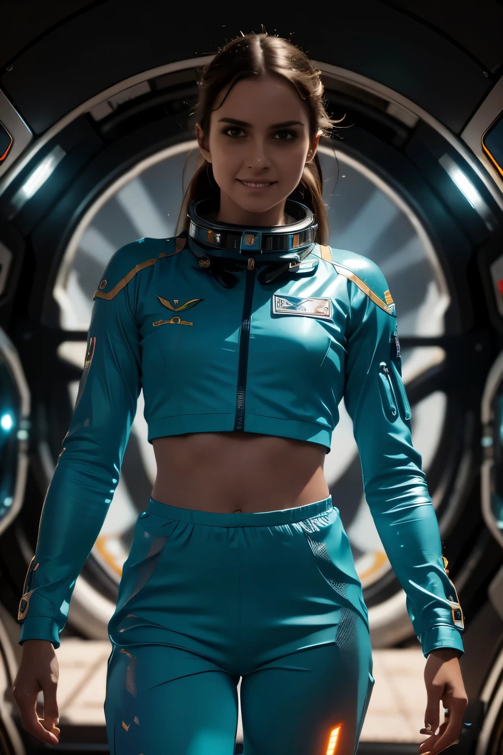 A highly detailed astronaut floating in a futuristic space station, hyperrealistic, intricate machinery, glowing holographic displays, sleek metallic surfaces, dramatic lighting, cinematic composition, vivid colors, 8K, photorealistic