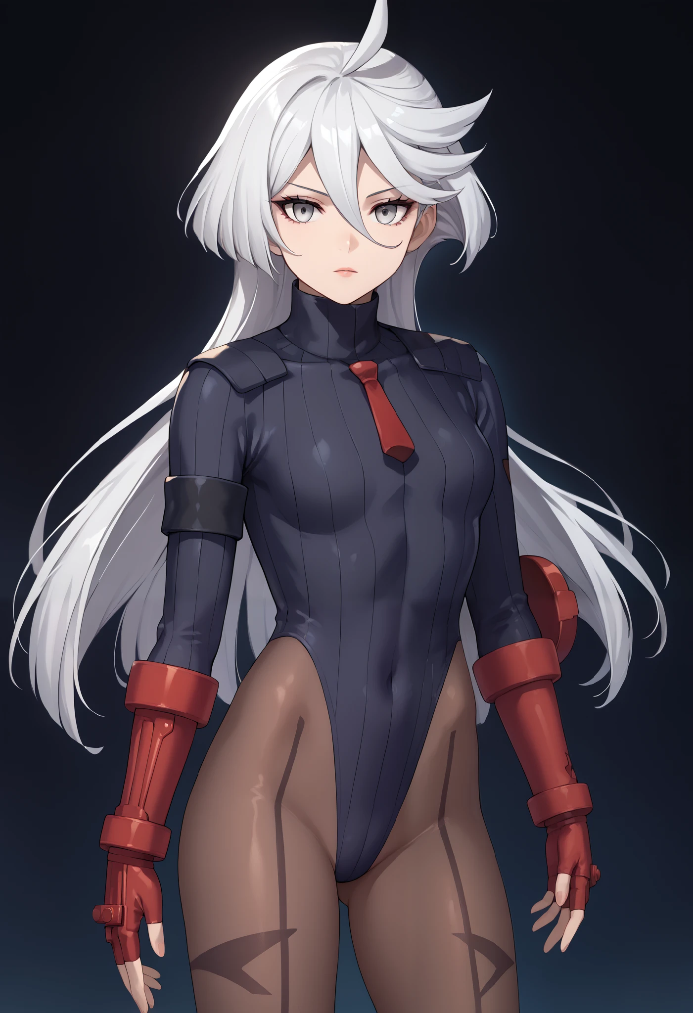 score_9, score_8_up, score_7_up, score_6_up, source_anime, 1 girl, miorine rembran, ahoge, grey eyes, detailed eyes,grey hair, hair between eyes, long hair, swept bangs, dark dollsuit, pantyhose,(seamed legwear), front view,cowboy shot, looking at viewer, fighting instance,expressionless,void eyes,simple background