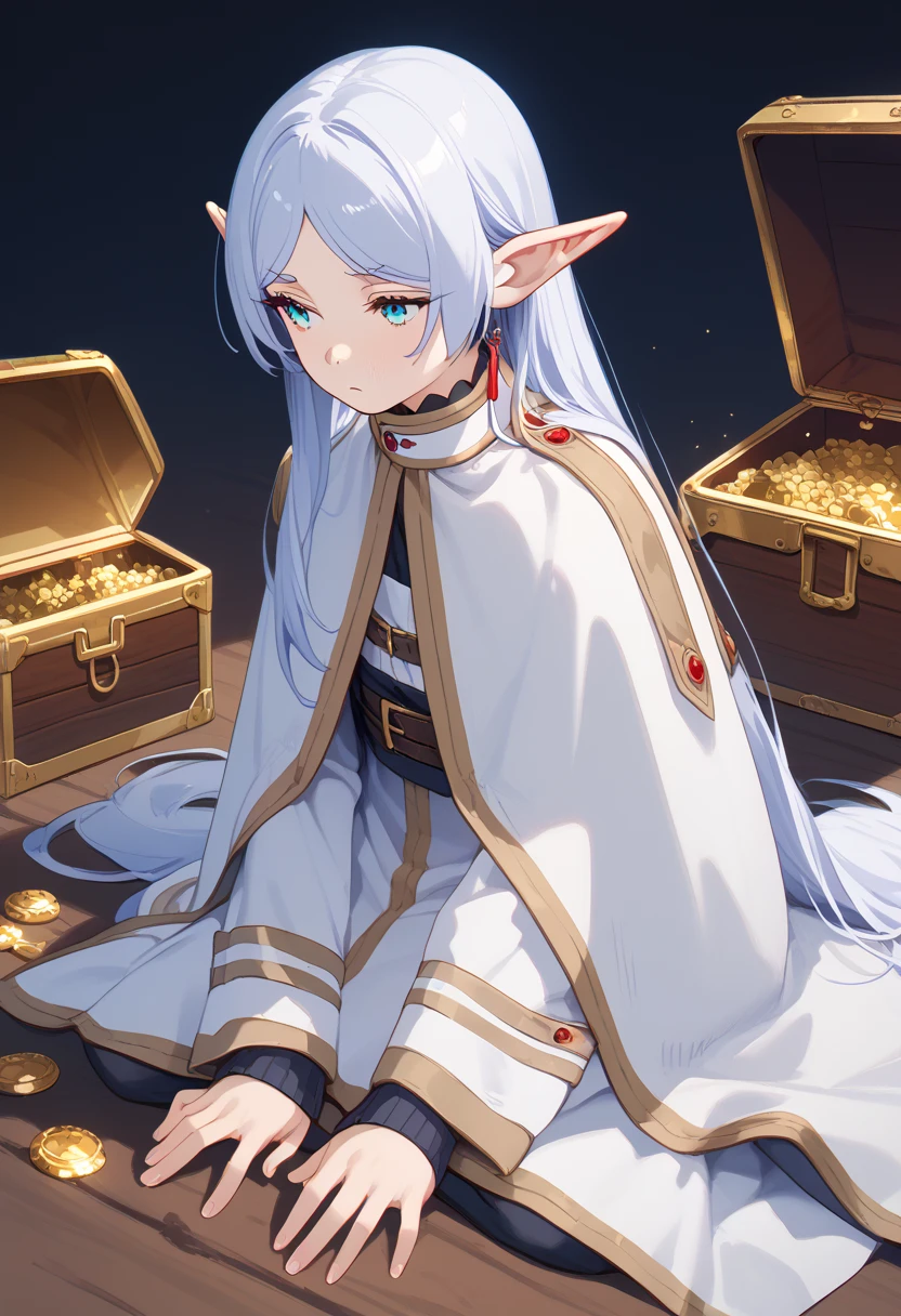 An anime art: (1) the primary subject in the foreground is a closed, locked treasure chest and (2) the secondary subject, in the background, is Frieren who is a short, diminutive elf with white hair, wearing white mage robes and staring emotionlessly and wondering what she should do.