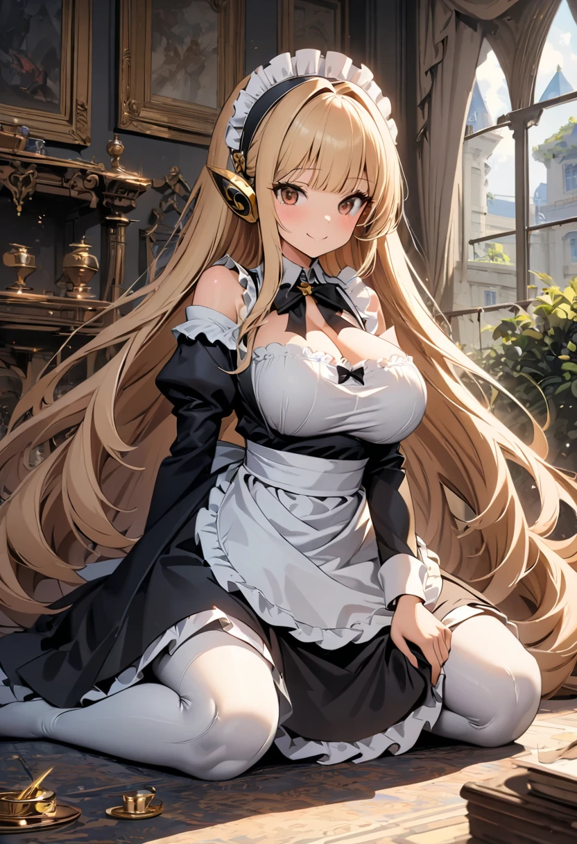 masterpiece, highly detailed, highest quality, high resolution, super precise, (1 girl), simple black French maid dress, white apron, semi-opaque stockings, flawless skin, silky golden blonde hair tied up into a messy bun, soft and cute facial features, plump pink lips, 18 year old teenager, tall height(190cm), very small A cup breasts, long slender legs and curvy hips that flare out enticingly on a pear shaped body, cowboy shot, olive-brown eyes, cat ears and tail, 
