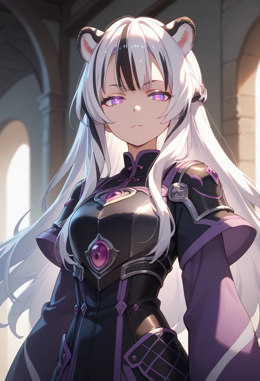 ((masterpiece)), anime lighting, 1girl, solo, long hair, white hair, multicolored hair, white tiger ears, white tiger tail, open eyes, purple eyes, glowing eyes, looking at viewer, purple clothes, black clothes, multicolored clothes, sadistic smirk, half-lidded eyes, armored clothes.