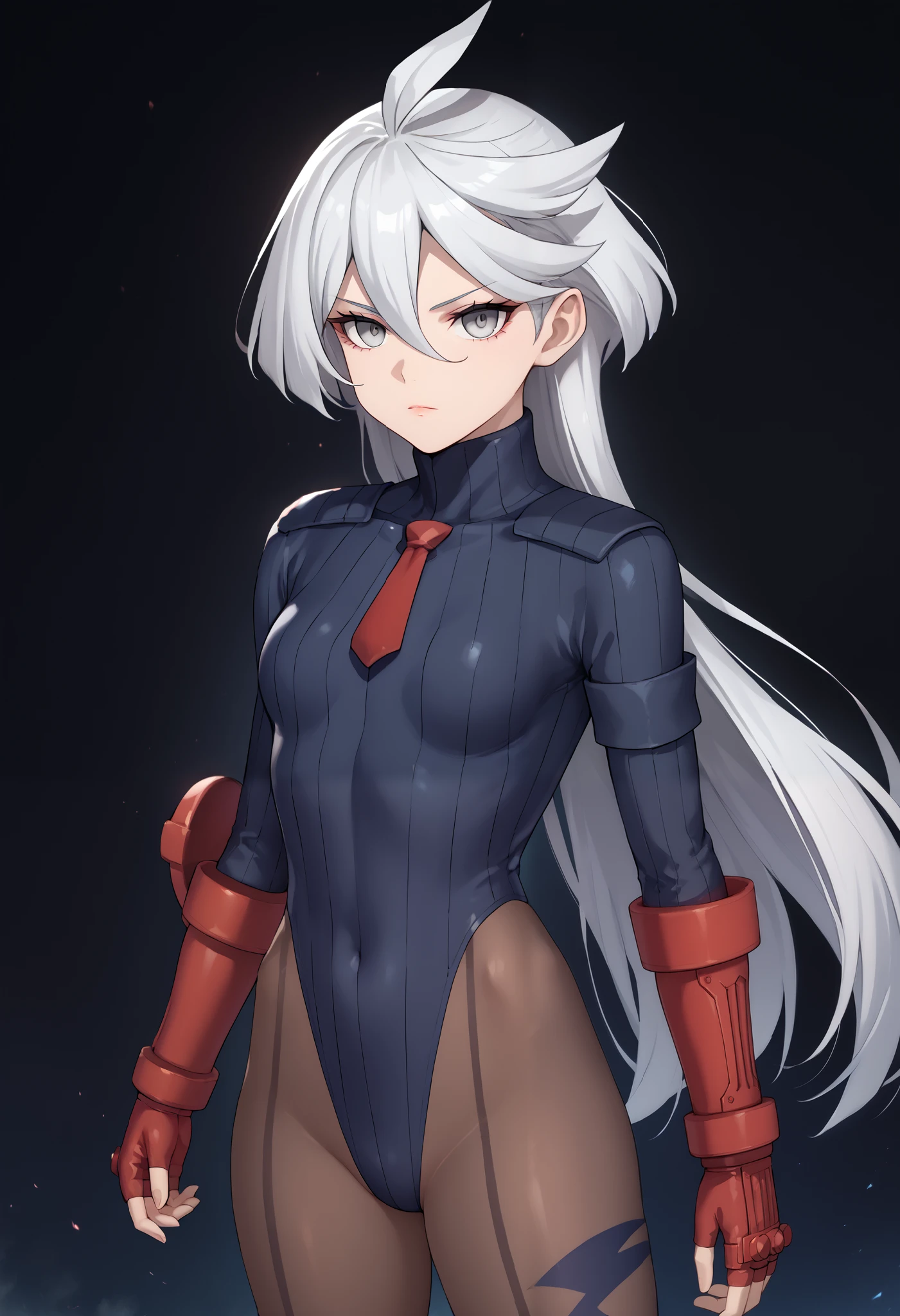 score_9, score_8_up, score_7_up, score_6_up, source_anime, 1 girl, miorine rembran, ahoge, grey eyes, detailed eyes,grey hair, hair between eyes, long hair, swept bangs, dark dollsuit, pantyhose,(seamed legwear), front view,cowboy shot, looking at viewer, fighting instance,raised fist,punch,expressionless,void eyes,simple background