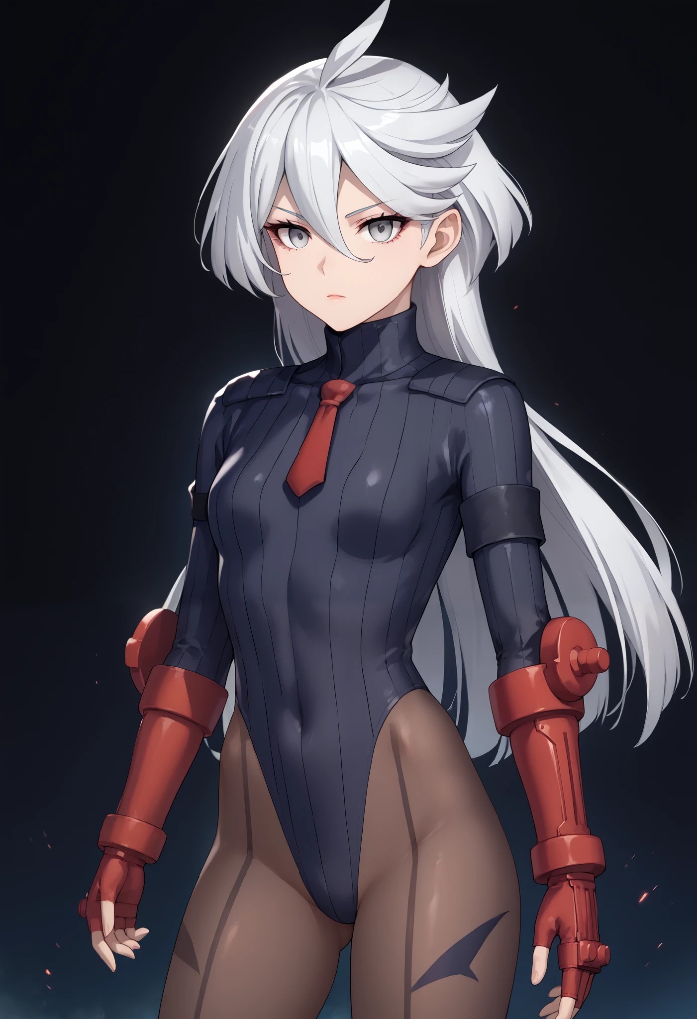 score_9, score_8_up, score_7_up, score_6_up, source_anime, 1 girl, miorine rembran, ahoge, grey eyes, detailed eyes,grey hair, hair between eyes, long hair, swept bangs, dark dollsuit, pantyhose,(seamed legwear), front view,cowboy shot, looking at viewer, fighting instance,raised fist,punch,expressionless,void eyes,simple background