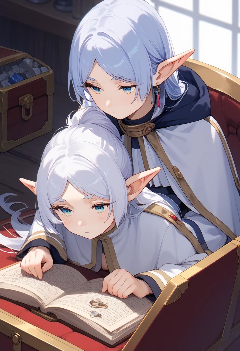 An anime art: (1) the primary subject in the foreground is a closed, locked treasure chest and (2) the secondary subject, in the background, is Frieren who is a short, diminutive elf with white hair, wearing white mage robes and staring emotionlessly at the chest in front of her and wondering what she should do.