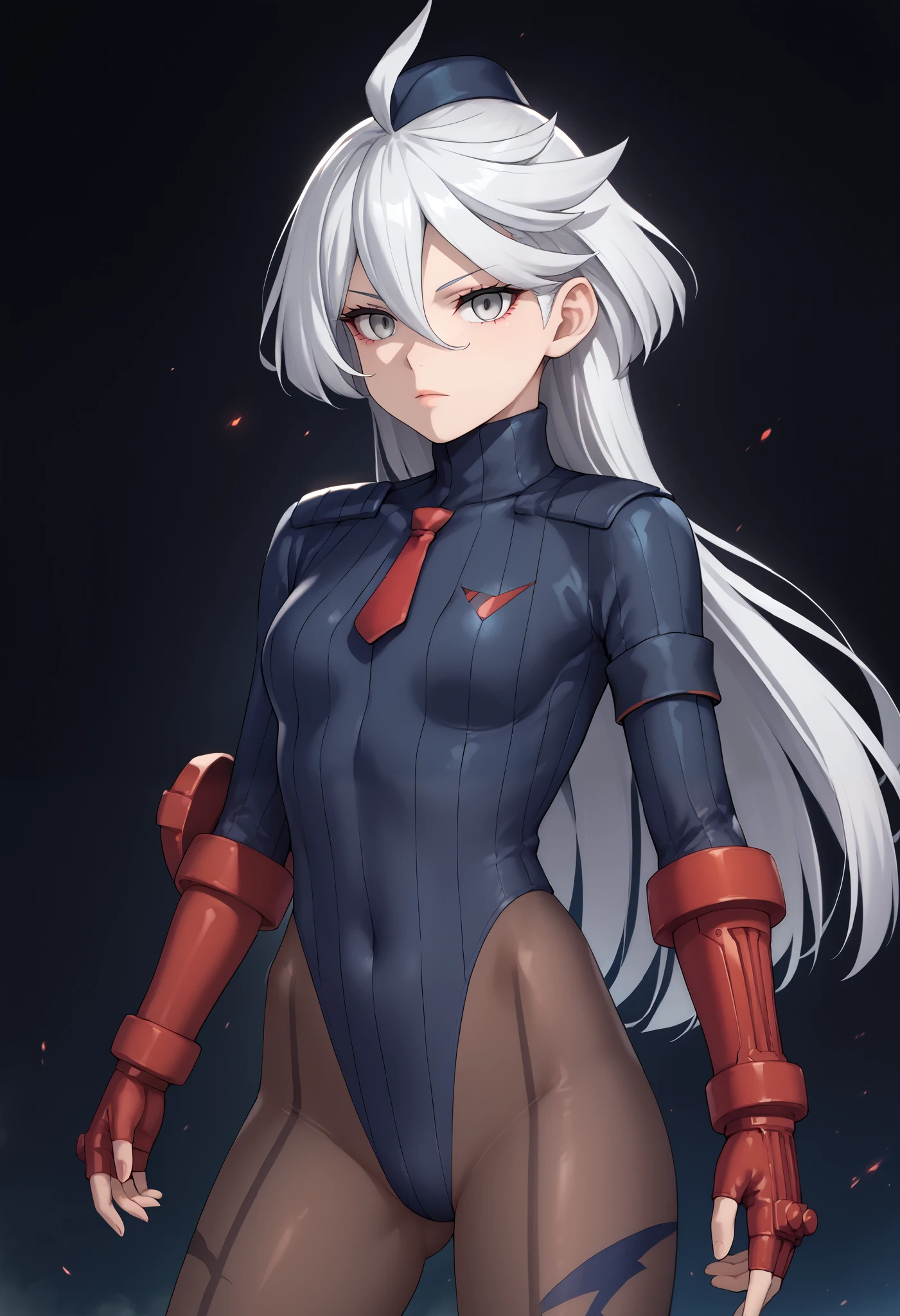 score_9, score_8_up, score_7_up, score_6_up, source_anime, 1 girl, miorine rembran, ahoge, grey eyes, detailed eyes,grey hair, hair between eyes, long hair, swept bangs, dark dollsuit, pantyhose,(seamed legwear), front view,cowboy shot, looking at viewer, fighting instance,raised fist,punch,expressionless,void eyes,simple background