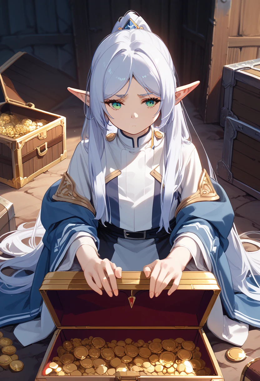 An anime art: (1) the primary subject in the foreground is a closed, locked treasure chest and (2) the secondary subject, in the background, is Frieren who is a short, diminutive elf with white hair, wearing white mage robes and staring emotionlessly at the chest in front of her and wondering what she should do.