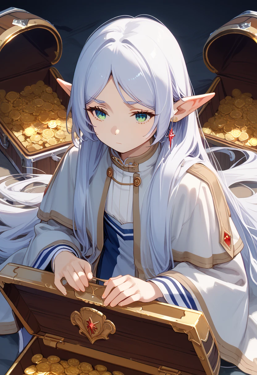 An anime art: (1) the primary subject in the foreground is a closed, locked treasure chest and (2) the secondary subject, in the background, is Frieren who is a short, diminutive elf with white hair, wearing white mage robes and staring emotionlessly at the chest in front of her and wondering what she should do.