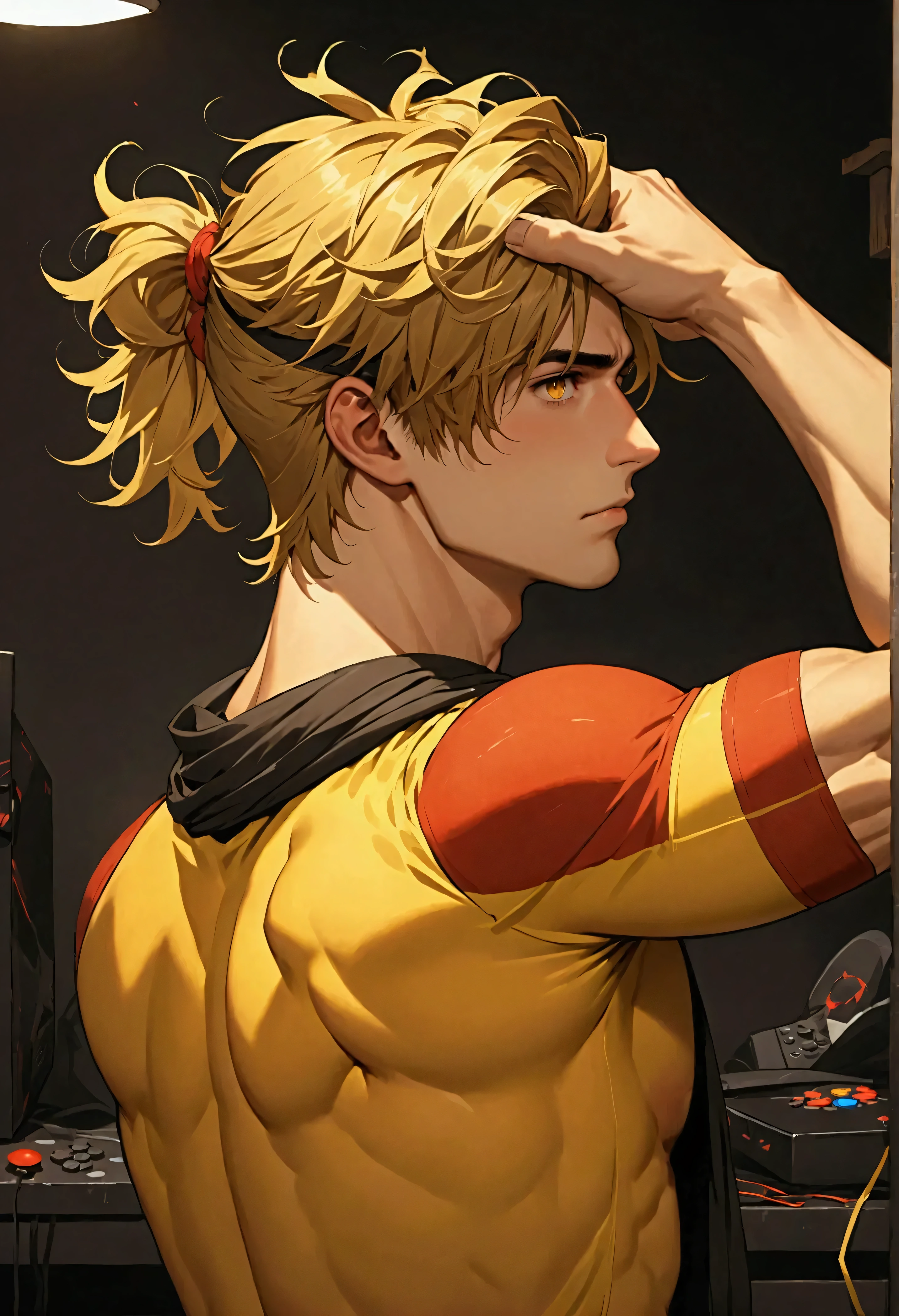 Masterpiece Quality, Perfect Generation, Sclera, Detailed Eyes, Skin, Blonde Slick Back Spiky Hair, Muscular, Casual Clothing, Bored Expression, Tattoos, City Background, Full Body, Tanned Skin, Two Toned Red Highlighted Hair,