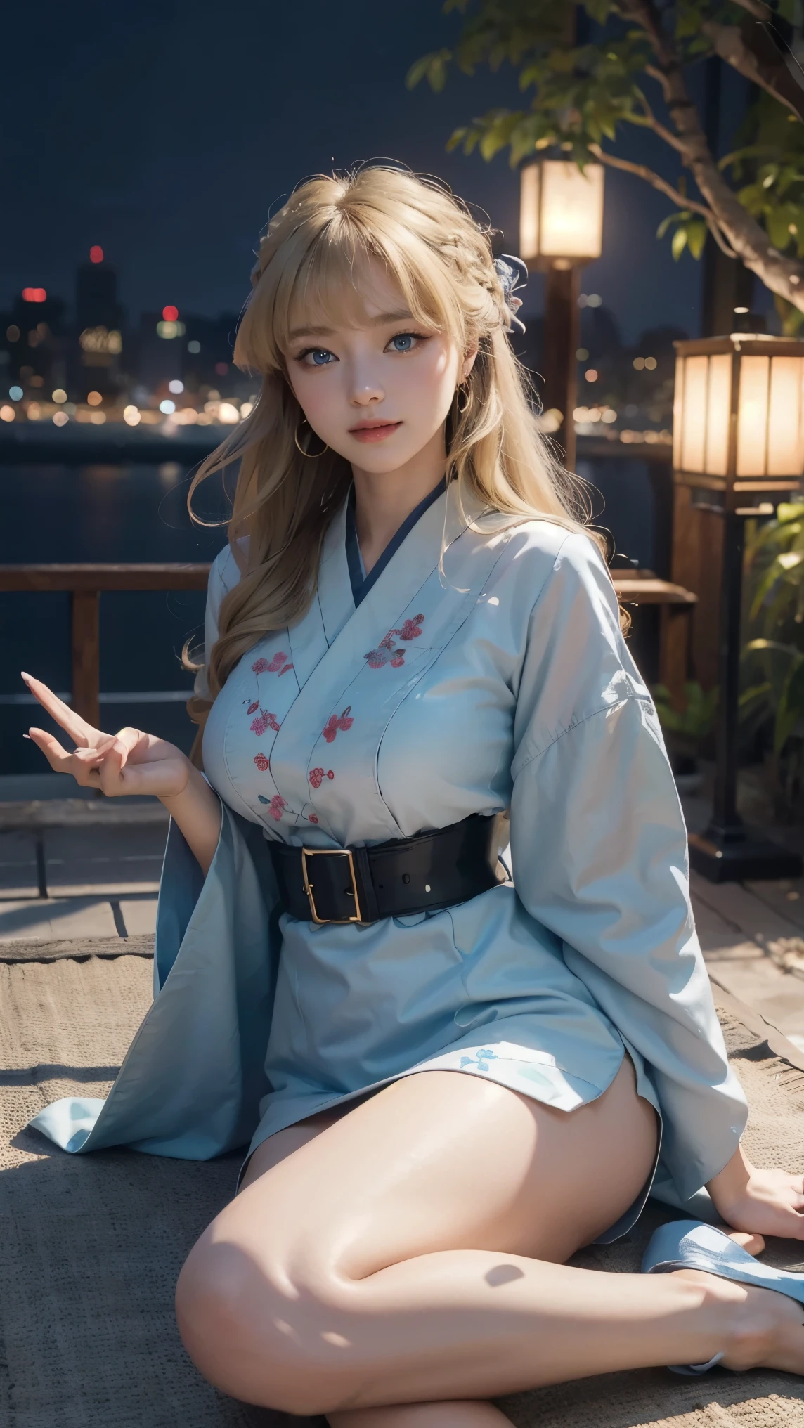 Asuma Toki,(best qualityer,4K,8k,high resolution,work of art:1.2)(weather: night), Mondstadt city background, chinese garden, chinese outfit, long blue chinise dress, kimono sleeves, kimono belt, pantyhose, flower embroidery, high heels, chinese head jewelry, gold earrings, cheek mole, short wavy hair, blonde hair, ultra detailed, realistic,portraite,beautiful detailed blue eyes, glowing eyes,blush,beautiful detailed lips,extremely detailed eye and face, long eyelashes,sexly,average, large breasts,beaming smile, sexy smile,powerful girl, elegant pose, stunning curves, bright coloured,dramatic lighting, maple trees, maple leaves falling, tea cup, tea pod, petals flying,