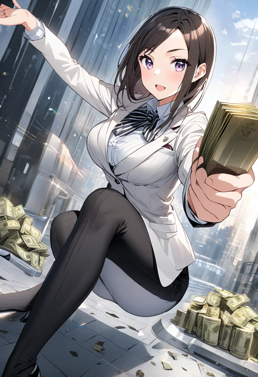 A beautiful middle-aged woman with long black hair，Mature woman，Royal sister，wearing  cheongsam，In a villa，Sit in front of the sofa in the living room，(There were lots of money in his hands:1.5)，looking at viewert，ssmile，Very luxurious decorations，Faraway view，exquisite facial features，Clear facial expressions，detailed digital anime art，digital anime art，High Quality Anime Art Style，Handsome anime pose，smooth anime cg art