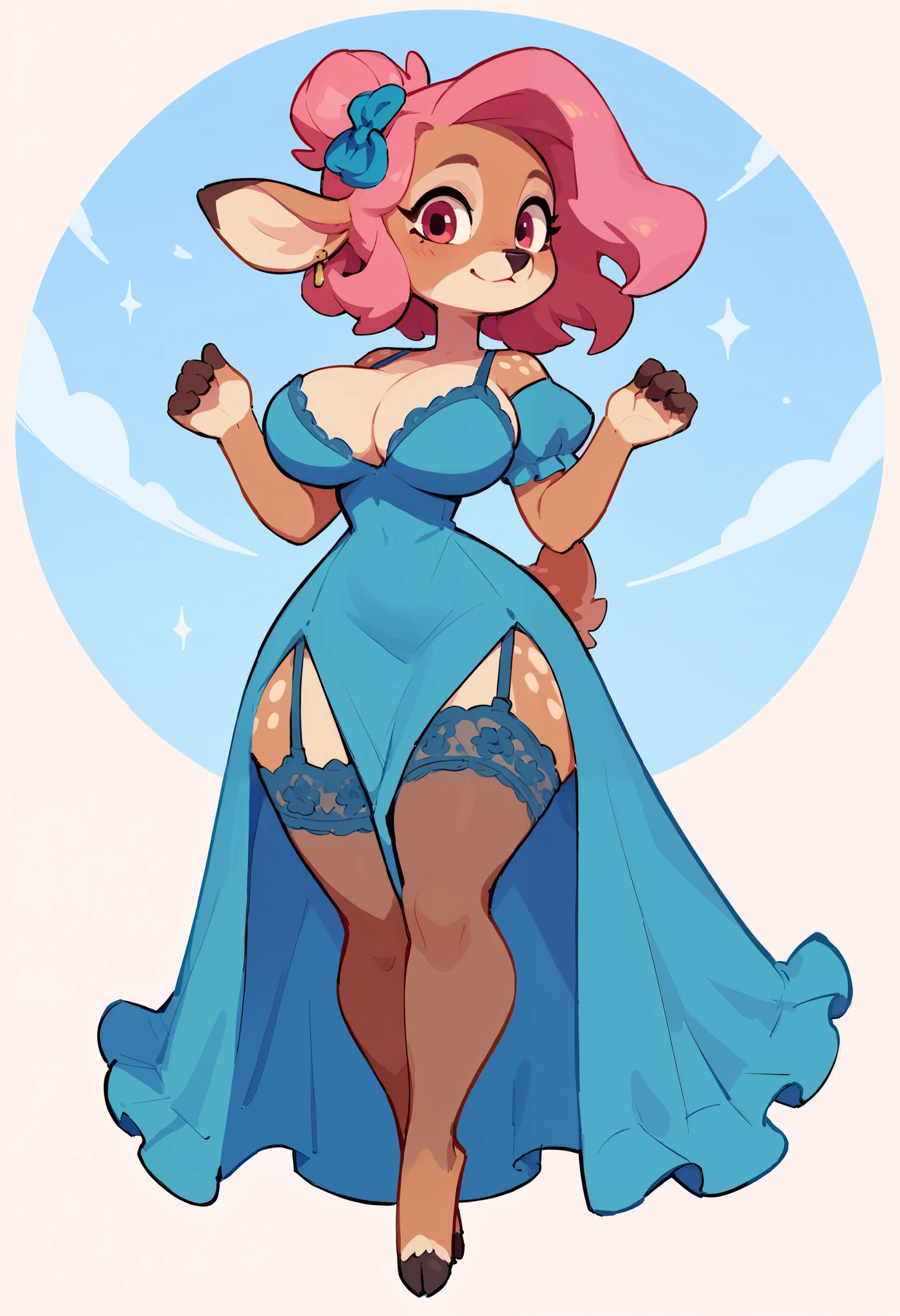 The Q version of the cute furry cat, anthro, female deer, big breasts, big hips, female body, woman, female, dress, paws, garter belts, lace stockings, ((Flirty))