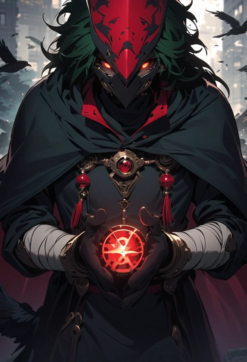 { - anatomy error} , ((Best Quality)), ((masterpiece)), (detailed), score_9,score_8_up,score_7_up,ultra detailed,,masterpiece, best quality, detailed beautiful face and eyes, perfect body, perfect hands, perfect fingers, perfect body, midoriya_Izuku, Plague Doctor Mask: The character wears a classic mask with a long beak, reminiscent of medieval plague doctors. This mask has a dark, modern design, with eyes that glow a deep red, adding a supernatural air.
Cloak and Hood: The main outfit is a long, dark cloak with feathers decorating the shoulders, giving it a bird-like appearance, possibly to symbolize the crows that surround it.
Metallic and Antique Details: On the chest is a large medallion, possibly of an alchemical or ritualistic design, with circular inscriptions and symbols. This reinforces the idea of ​​a character with arcane or mystical knowledge.
Bracers and Bandages: The hands are wrapped in bandages or worn gloves, showing a practical but slightly deteriorated style, in keeping with an apocalyptic or gothic aesthetic.
Pose:
Imposing and Centered Stance: The character stands with his hands together in front, conveying calm, control, and a commanding presence.
Accompanied by Crows: The crows are an essential part of the image, as they are perched on his shoulders and around him. Each crow has glowing red eyes, as if they are supernaturally linked to the character.
Dark and Misty Environment: The surrounding forest and the fallen leaves in the air add to a mysterious and oppressive atmosphere.
Expression: Although the face is completely hidden by the mask, the expression is conveyed through the visual design: Glowing Red Eyes: These reflect a fixed, haunting gaze full of power or threat.
Crows as an Extension of the Character: The crows' eyes, identical to the character's, reinforce the idea that they act as his agents or are controlled by him.
Sinister Aura