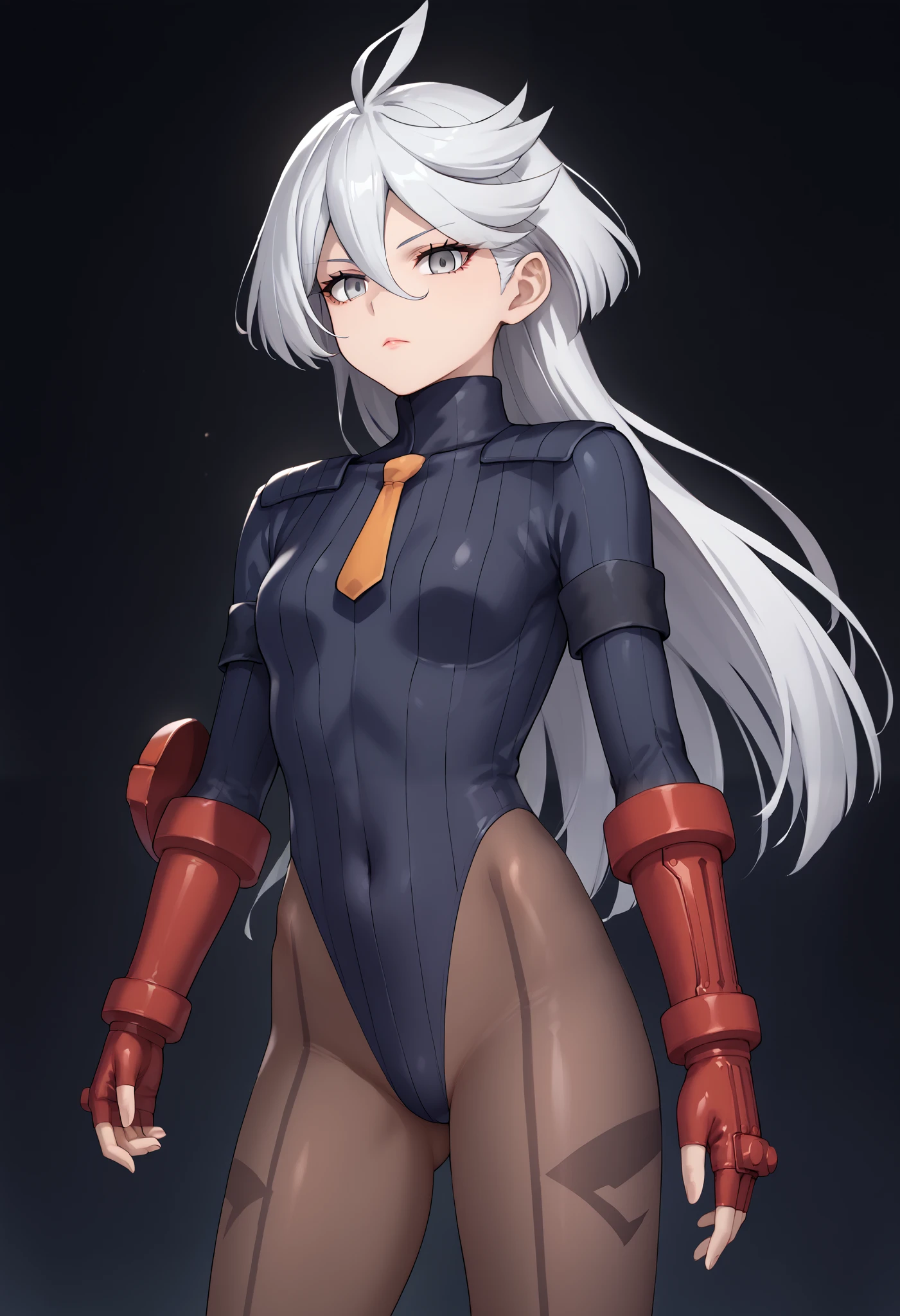 score_9, score_8_up, score_7_up, score_6_up, source_anime, 1 girl, miorine rembran, ahoge, grey eyes, detailed eyes,grey hair, hair between eyes, long hair, swept bangs, dark dollsuit, pantyhose,(seamed legwear), front view,cowboy shot, looking at viewer, attacking the viewer,fighting instance,(raised fist),raised leg,punch,expressionless,void eyes,simple background