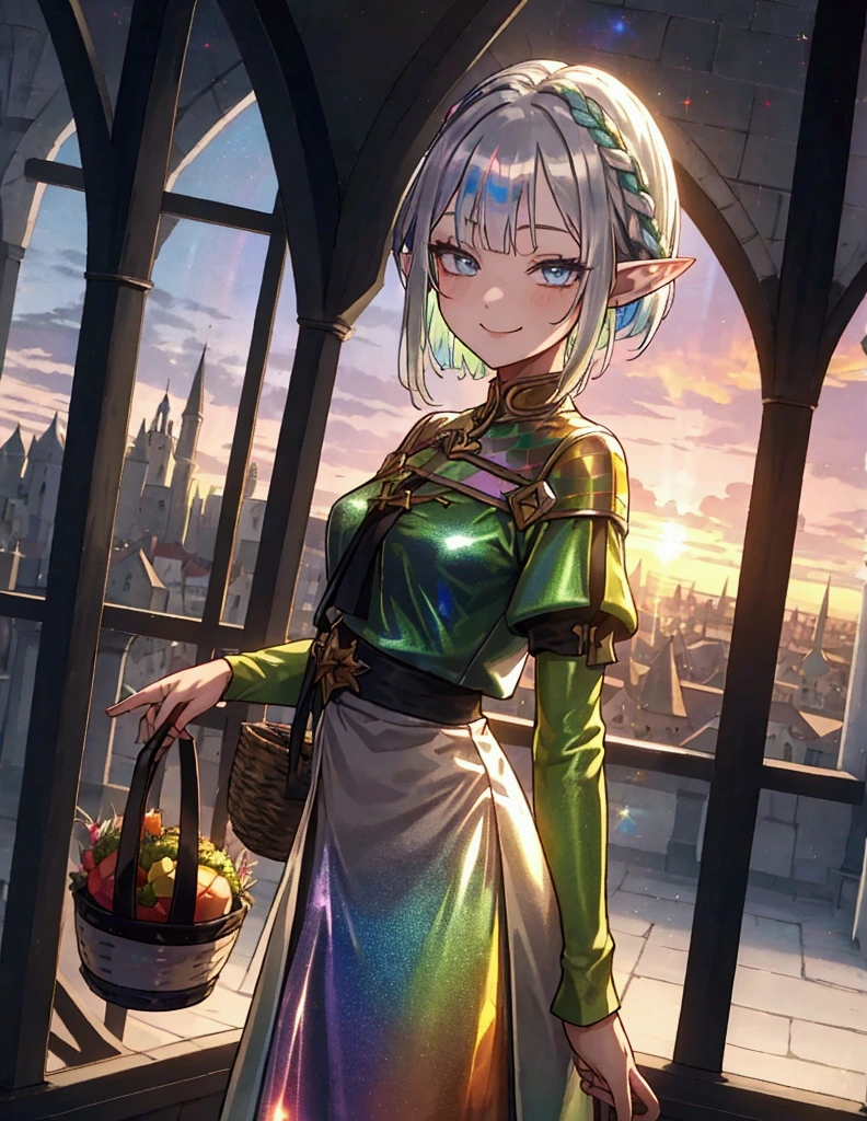 The background is a sunset sunset 、 medieval cityscape with basket、Inside the kaleidoscope、Green clothing、Rinwell style braided silver short hair( Holographic :1.2),  pointed ears、Elf、 blue eyes、 Rough Outfit 、 long lashes,smile、Mr.々Expression,