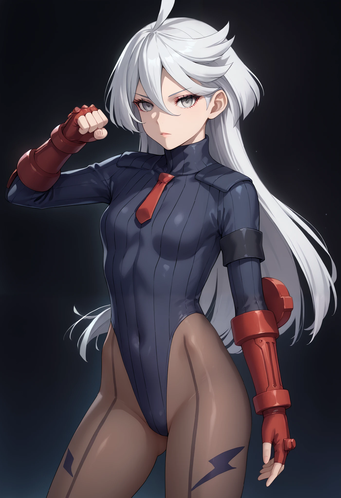 score_9, score_8_up, score_7_up, score_6_up, source_anime, 1 girl, miorine rembran, ahoge, grey eyes, detailed eyes,grey hair, hair between eyes, long hair, swept bangs, dark dollsuit, pantyhose,(seamed legwear), front view,cowboy shot, looking at viewer, attacking the viewer,fighting instance,(raised fist),raised leg,punch,expressionless,void eyes,simple background