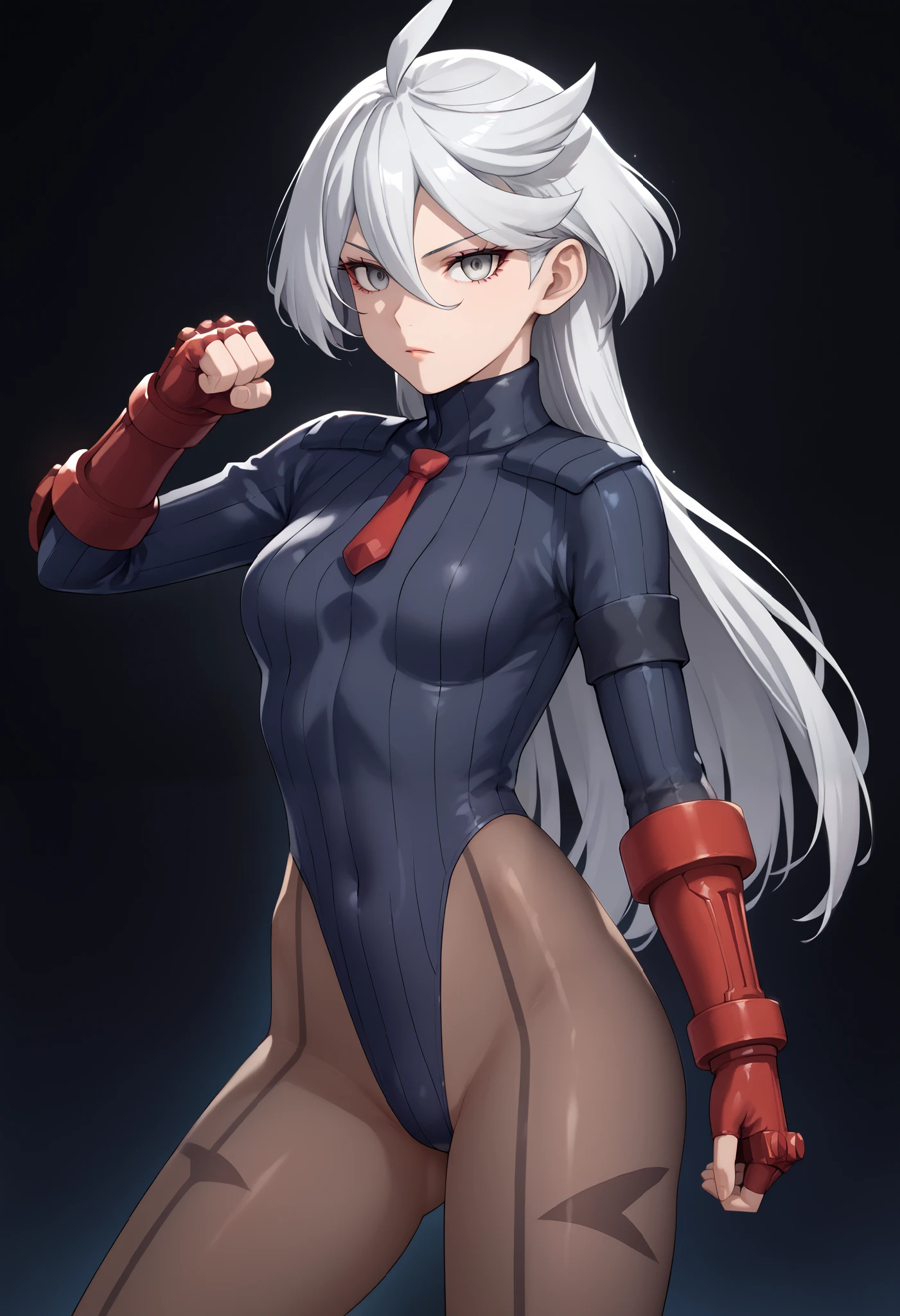 score_9, score_8_up, score_7_up, score_6_up, source_anime, 1 girl, miorine rembran, ahoge, grey eyes, detailed eyes,grey hair, hair between eyes, long hair, swept bangs, dark dollsuit, pantyhose,(seamed legwear), front view,cowboy shot, looking at viewer, attacking the viewer,fighting instance,(raised fist),raised leg,punch,expressionless,void eyes,simple background