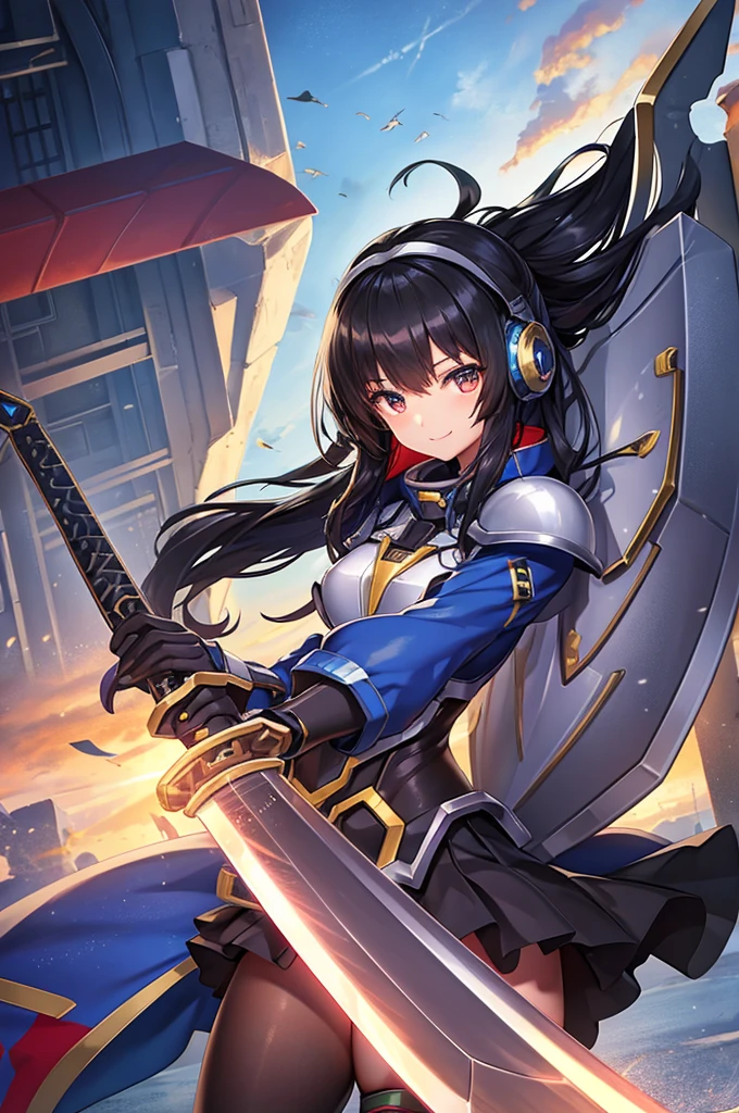  smiling 、mecha wing、Thighs、tights、chest、Shiny black hair、  1 girl、 solo girl、 headset 、 black miniskirt、mecha girl、 Holding a Sword 、sword、 has a shield、shield