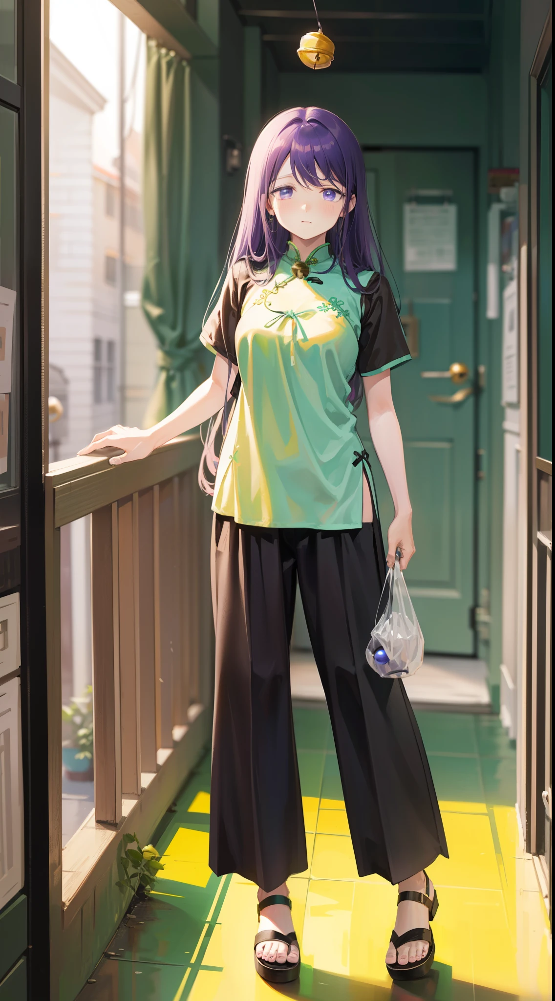 .,淡いPurple Eyes、Light purple hair、 semi-long hair 、 random poses 、indoor、 shy expression 、Glamorous expression、
BREAK (mint green theme:1.4), ((loose fashion, rough style):1.2), (fusion of mint green satin cheongsam-tops and short sleeve oversized mint green tunic:1.4), (mint green tops),
BREAK (black theme:1.3), (baggy black linen pants with Bell bottoms:1.5), (black linen baggy pants), (toe skin:1.3), (Sandals:1.2)