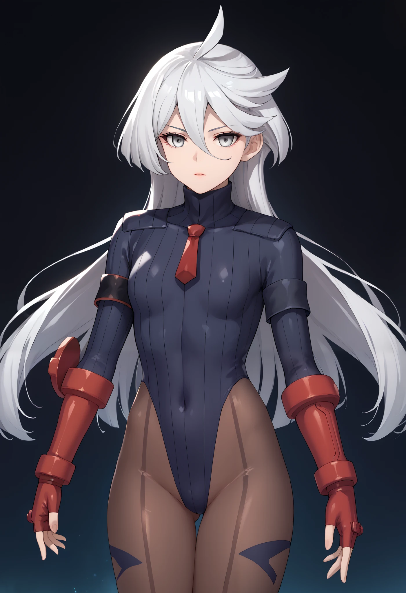 score_9, score_8_up, score_7_up, score_6_up, source_anime, 1 girl, miorine rembran, ahoge, grey eyes, detailed eyes,grey hair, hair between eyes, long hair, swept bangs, dark dollsuit, pantyhose,(seamed legwear), front view,cowboy shot, jumping,off the ground,fighting,expressionless,void eyes,simple background