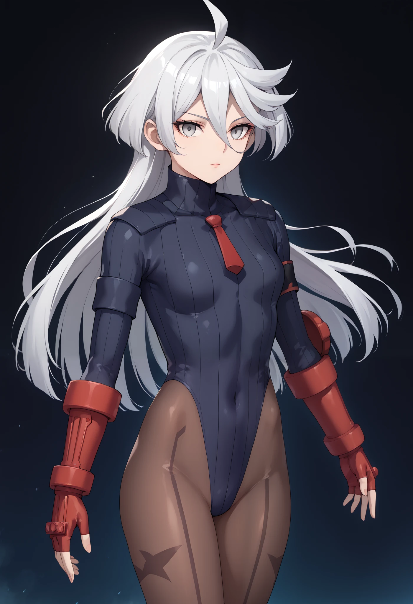 score_9, score_8_up, score_7_up, score_6_up, source_anime, 1 girl, miorine rembran, ahoge, grey eyes, detailed eyes,grey hair, hair between eyes, long hair, swept bangs, dark dollsuit, pantyhose,(seamed legwear), front view,cowboy shot, jumping,off the ground,fighting,expressionless,void eyes,simple background