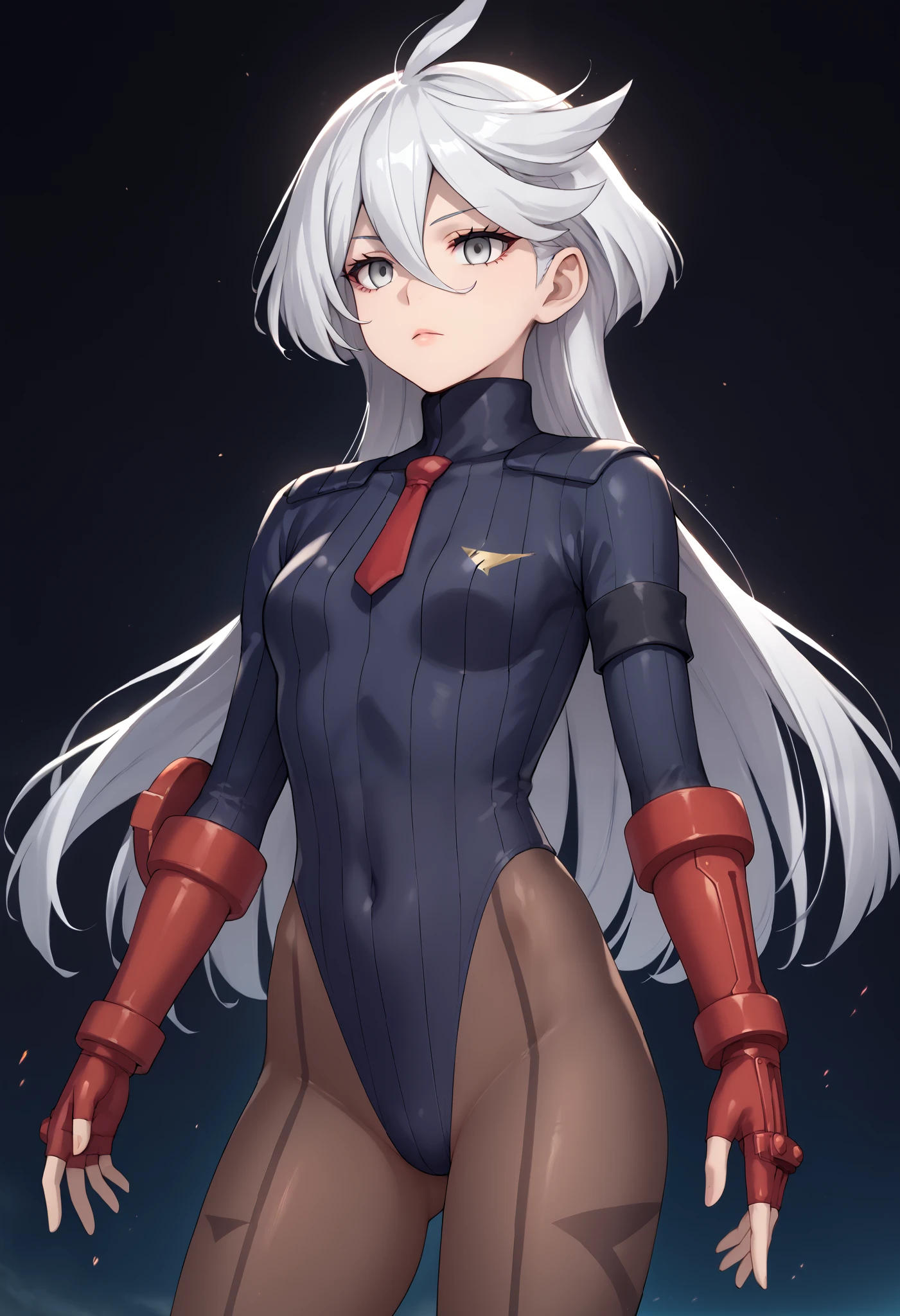 score_9, score_8_up, score_7_up, score_6_up, source_anime, 1 girl, miorine rembran, ahoge, grey eyes, detailed eyes,grey hair, hair between eyes, long hair, swept bangs, dark dollsuit, pantyhose,(seamed legwear), front view,cowboy shot, jumping,off the ground,fighting,expressionless,void eyes,simple background