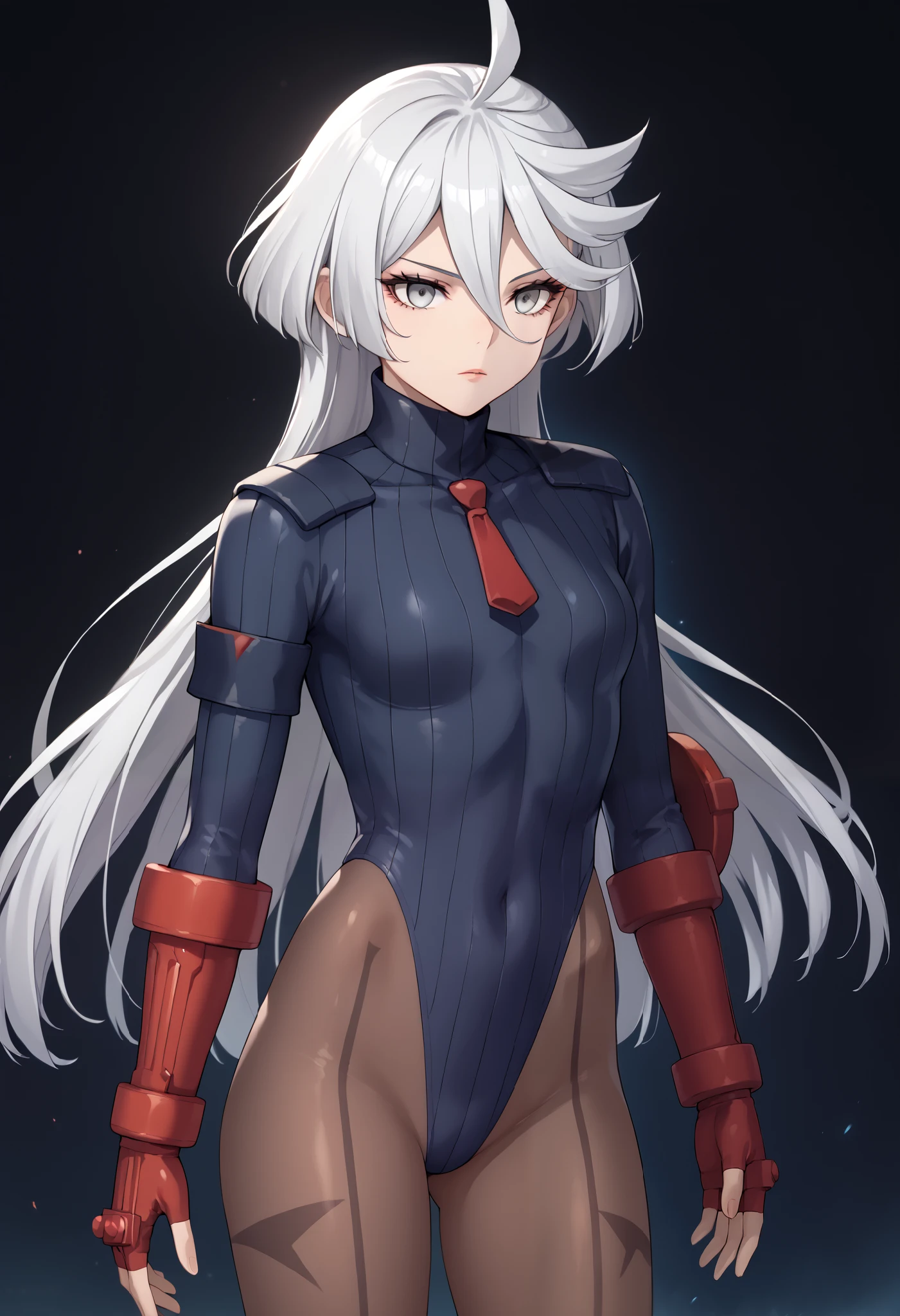 score_9, score_8_up, score_7_up, score_6_up, source_anime, 1 girl, miorine rembran, ahoge, grey eyes, detailed eyes,grey hair, hair between eyes, long hair, swept bangs, dark dollsuit, pantyhose,(seamed legwear), front view,cowboy shot, jumping,off the ground,fighting,expressionless,void eyes,simple background