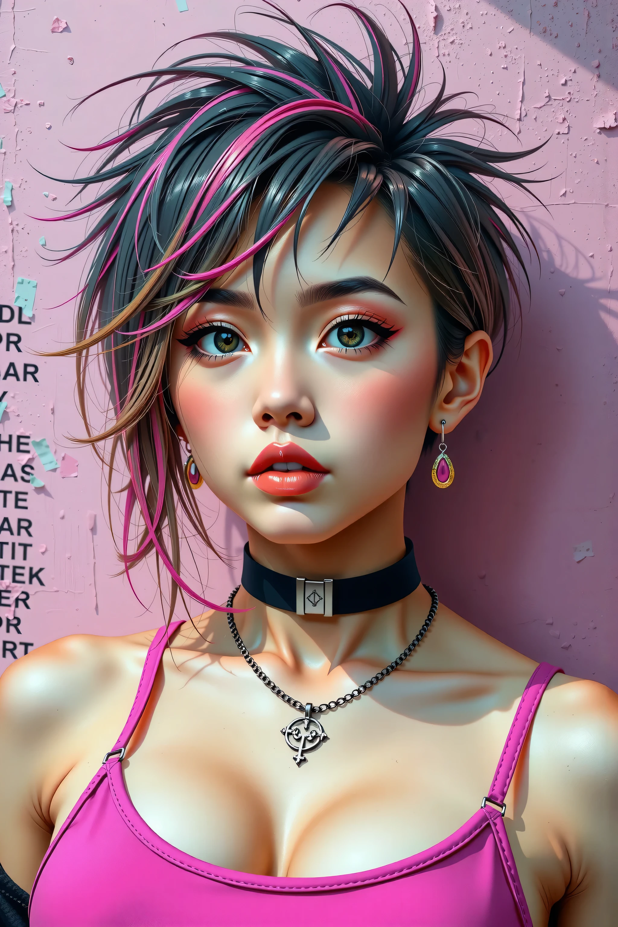 generates a real front image of a  Korean girl with short, spiky hair, some pink locks and metal style, big breasts, cleavage, tight pink tanktop