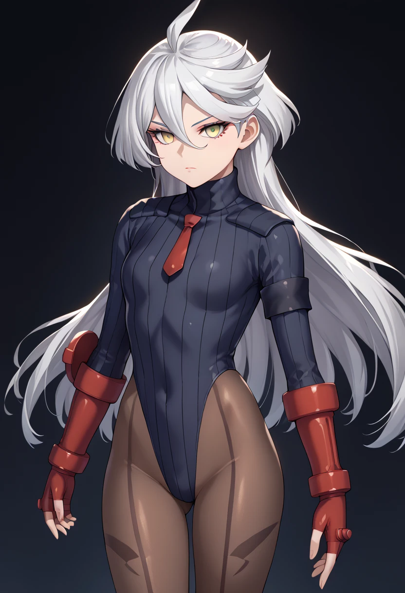 score_9, score_8_up, score_7_up, score_6_up, source_anime, 1 girl, miorine rembran, ahoge, grey eyes, detailed eyes,grey hair, hair between eyes, long hair, swept bangs, dark dollsuit, pantyhose,(seamed legwear), front view,cowboy shot, looking at viewer, fist bump,brofist,raised leg,punch,expressionless,void eyes,simple background