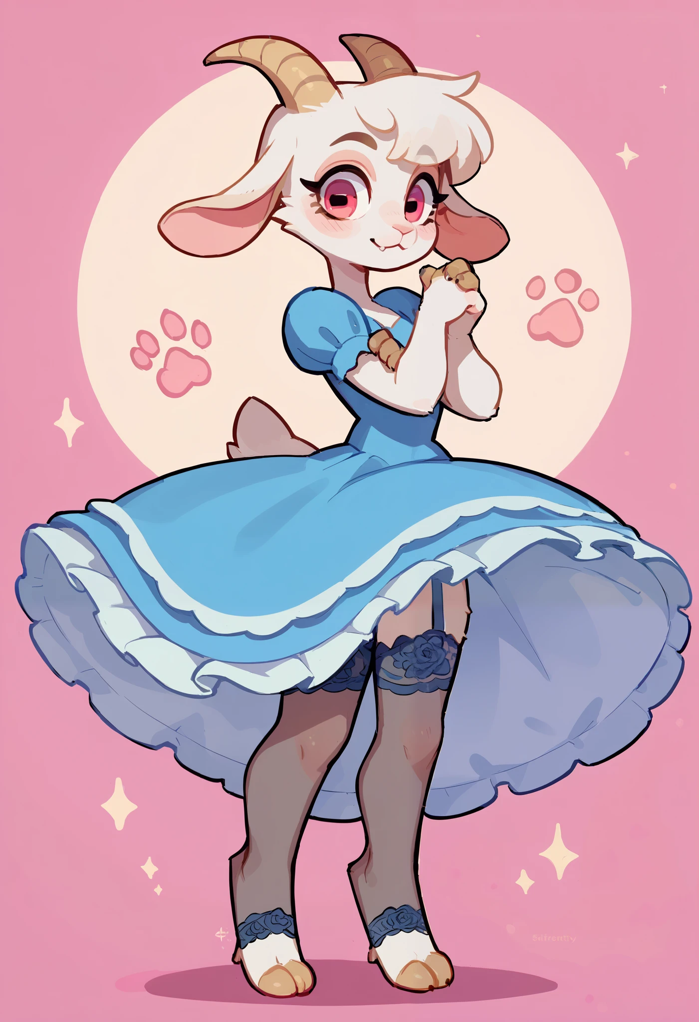 The Q version of the cute furry cat, anthro, female goat, female body, woman, female, dress, paws, garter belts, lace stockings, ((Flirty))