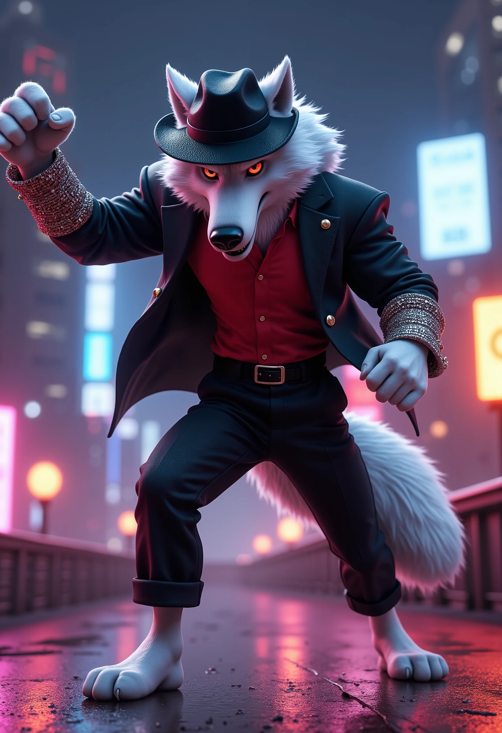 (source_furry,anthro,source_3D), Death Wolf, a muscular anthro male with white fur and red eyes, embodies the iconic style and energy of Michael Jackson. Dressed in a sleek black fedora, a sequined glove on one hand, and a sharp, vintage 90s suit with a red shirt, he moves gracefully on a neon-lit urban rooftop at night. Performing a mix of acrobatic dance moves and martial arts, he fights off a gang of enemies with smooth, moonwalk-like dodges and dramatic spins. The setting exudes 90s nostalgia, with glowing billboards, a city skyline, and a pulsating beat in the background, as his confident and charismatic presence takes center stage, Ultra cinematic Realistic real life,