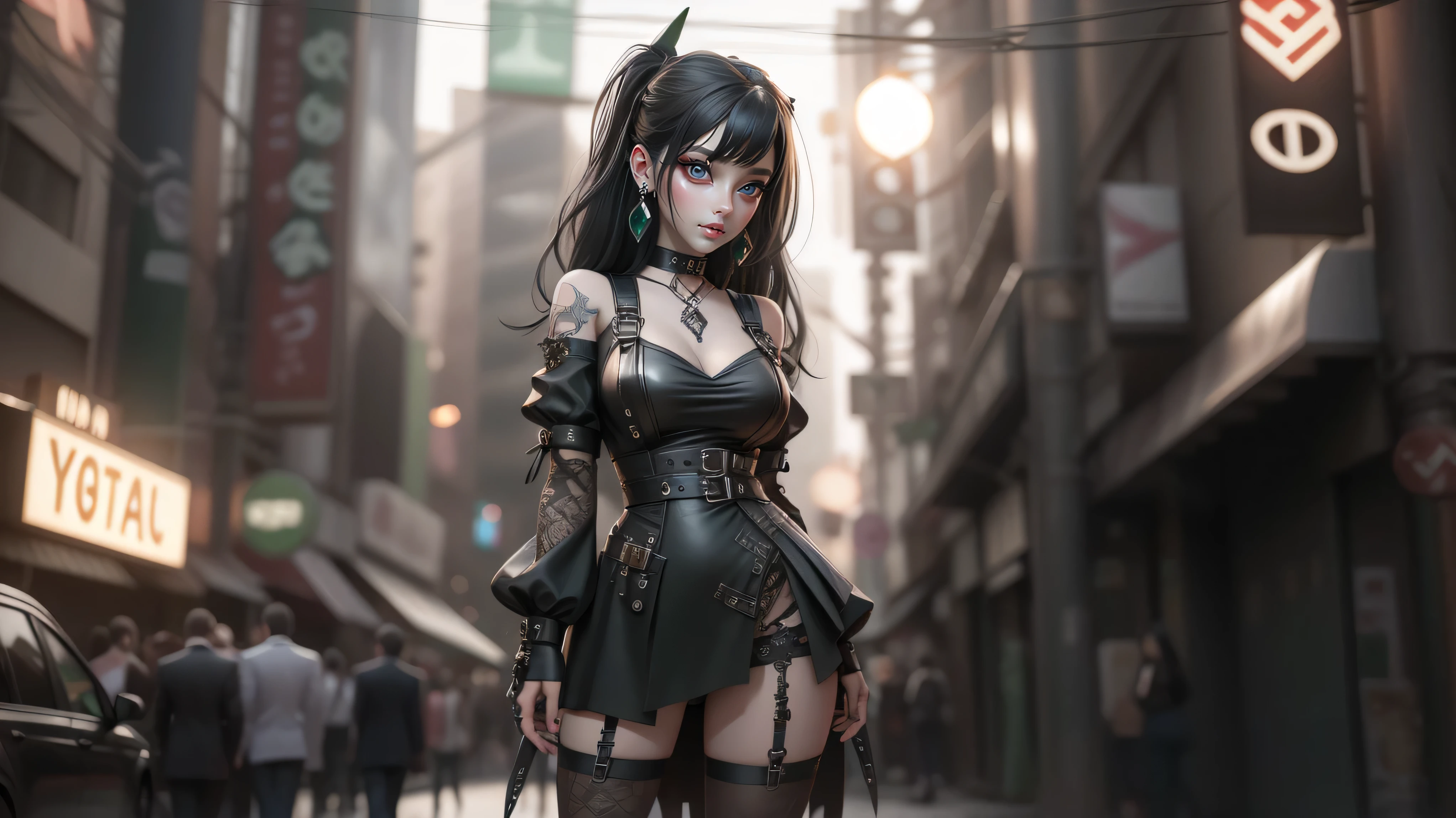 PERFECT MASTERPIECE, EXTREMELY DETAILED CG UNITY 32K UHD QUALITY RESOLUTION WALLPAPER, PHOTOREALISTIC, RAW PHOTO, PERFECT PHOTOGENIC CLARITY, OFFICIAL ART, AWARD-WINNING PORTRAIT, ULTRA HYPER-REALISTIC, ULTRA HYPER-DETAILED, SHINY REALISTIC SKIN, RAY TRACING, GLOWING AMBIENT LIGHT, The most beautiful and sexy gothic punk girl, (very short green hair in a shaved mohawk gothic hairstyle:1.3) vibrant moonlight eyes, long detailed eyelashes, blushing, full pouting pink lips, (detailed gothic makeup:1.3) (super huge enormously gigantic nude tits and nipples exposed, nude hairy pussy exposed:1.3) (wearing highly detailed Harajuku-inspired gothic punk hoodie and school girl skirt with lots of straps zippers buckles and chains:1.3) tons of tattoos and piercings, looking back at the viewer, sitting arching her back in a sexy seductive slutty pose, close up pov camera view from below, cherry blossoms blowing in the wind, gothic cyber punk City background