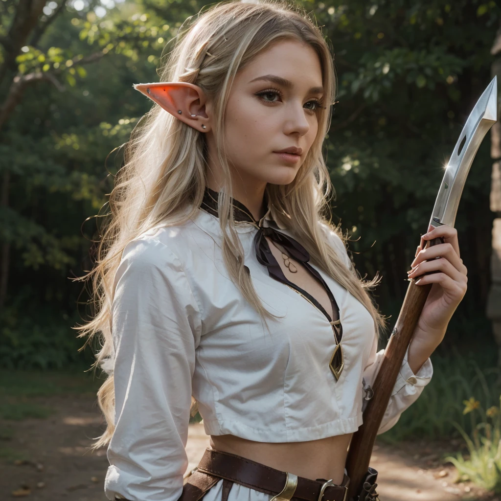 1 girl, elf ears, short white hair, elf ears, holding a staff