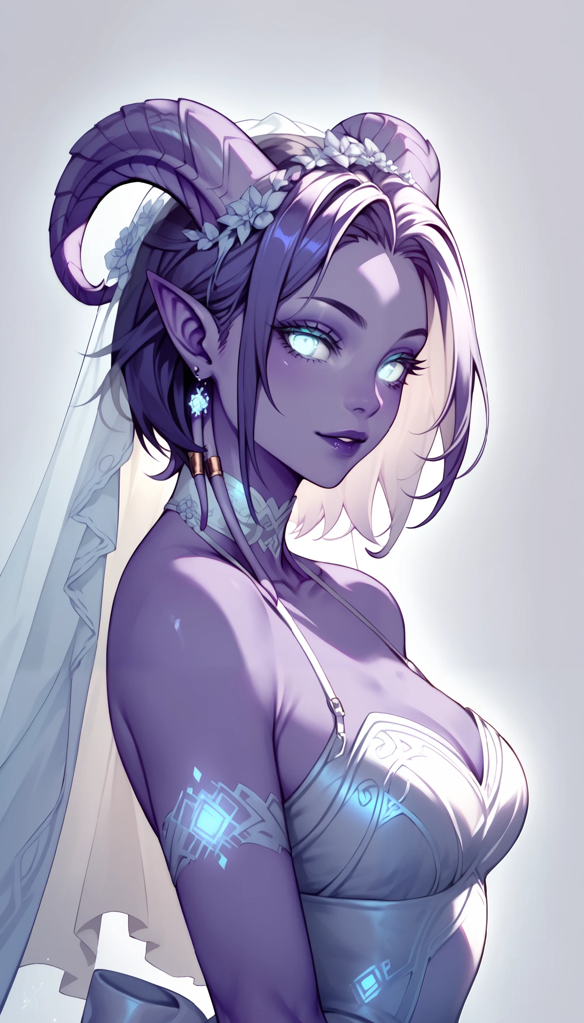 score_9, score_8_up, score_7_up, 1girl, solo, bob hair, glowing grey eyes, curved ram horns, sharp ears, purple skin, Draenei, stark grey background, limited violet palette, monochromatic, eerie atmosphere, light wedding dress, seductive,
