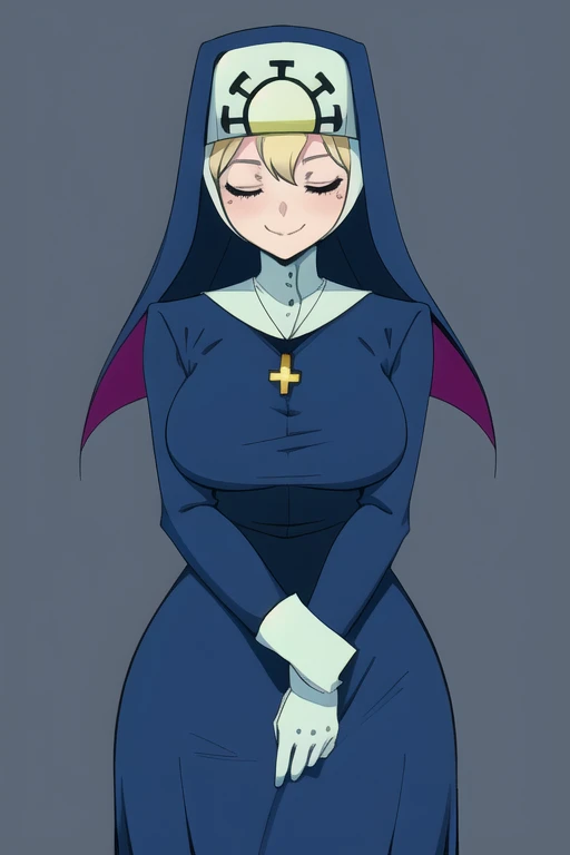 Double, short blonde hair, nun uniform, medium breasts, solo, 1girl, smiling, cowboy shot, closed eyes, 
 blue habit, cross necklace ,white gloves, long sleeves, nun, long skirt, skirt touch the ground,
(insanely detailed, beautiful detailed face,beautiful detailed eyes, masterpiece, best quality), sexy pose, standing