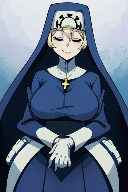 Double, short blonde hair, nun uniform, medium breasts, solo, 1girl, smiling, cowboy shot, closed eyes, 
 blue habit, cross necklace ,white gloves, long sleeves, nun, long skirt, skirt touch the ground,
(insanely detailed, beautiful detailed face,beautiful detailed eyes, masterpiece, best quality), sexy pose, standing