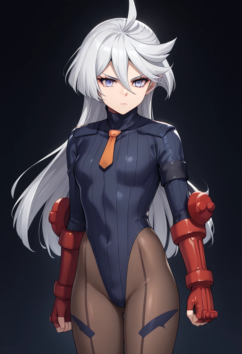 score_9, score_8_up, score_7_up, score_6_up, source_anime, 1 girl, miorine rembran, ahoge, grey eyes, detailed eyes,grey hair, hair between eyes, long hair, swept bangs, dark dollsuit, pantyhose,(seamed legwear),cowboy shot, ((fist bump)),brofist,raised leg,punch,expressionless,void eyes,simple background